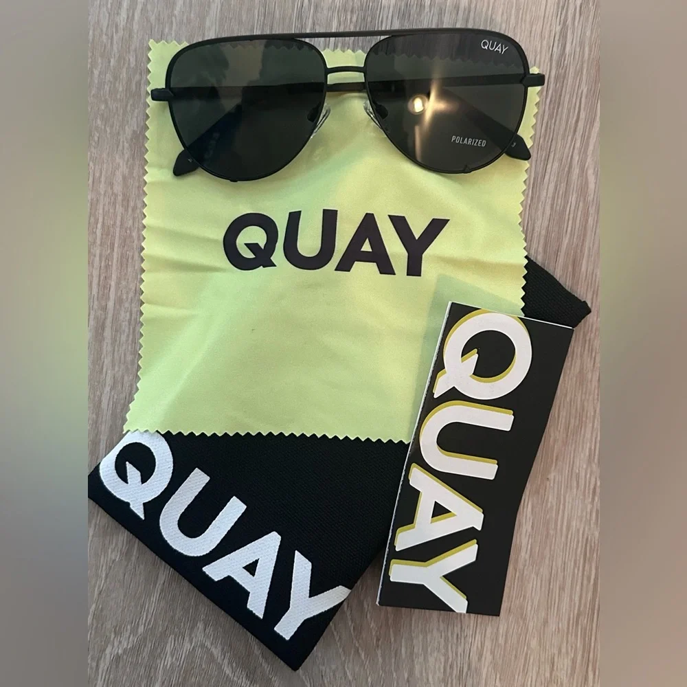 Quay Australia Black Aviator Sunglasses with Dark Green Lenses